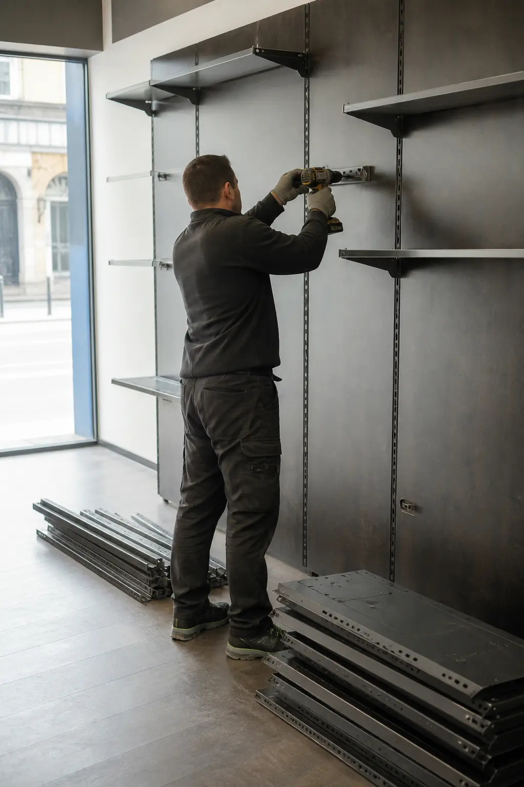 Démontage méthodique de rayonnages dans un local commercial